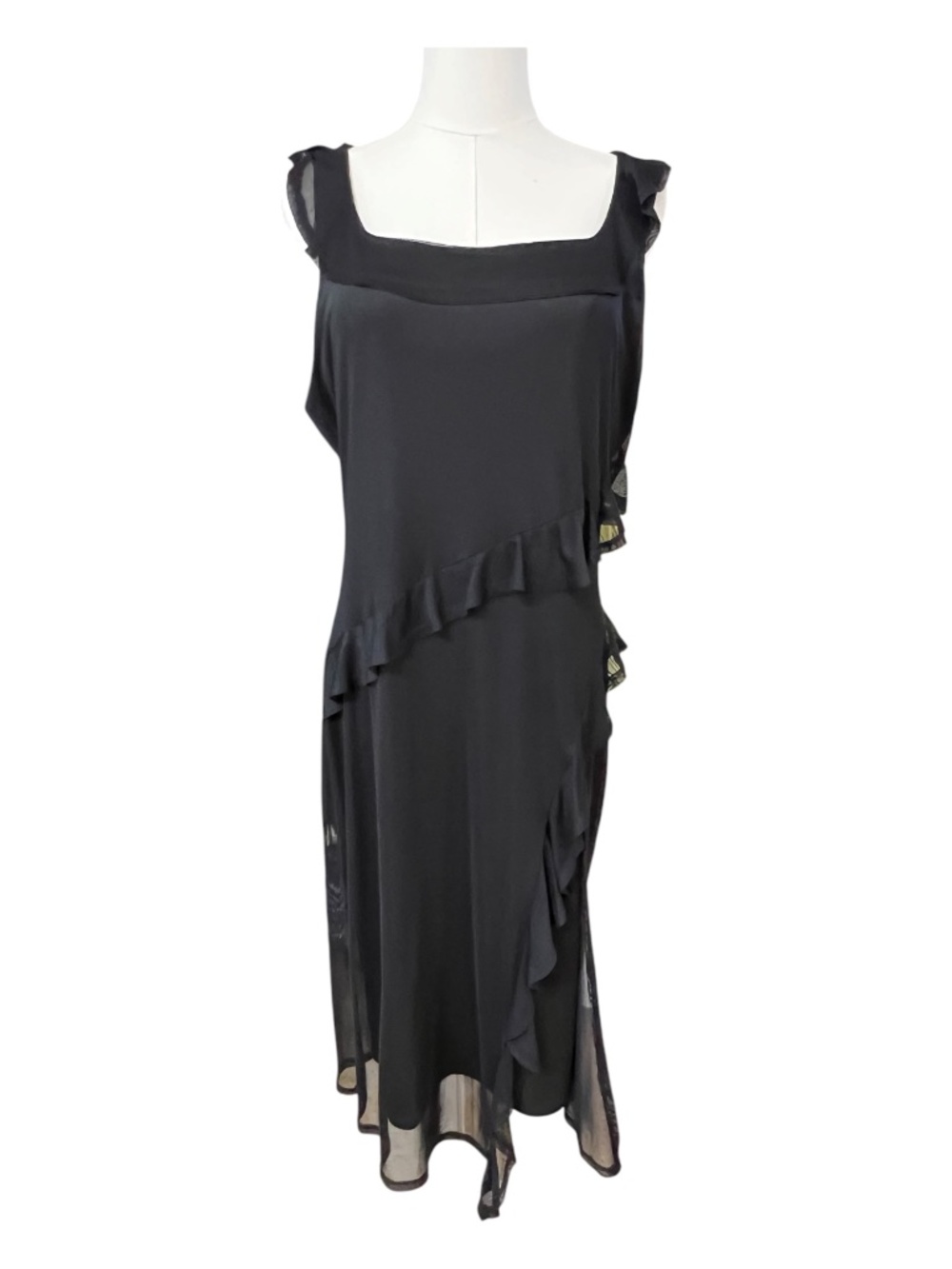 EUC Harlow & Rose Black Ruffle Slit Midi Dress Lined | Size L